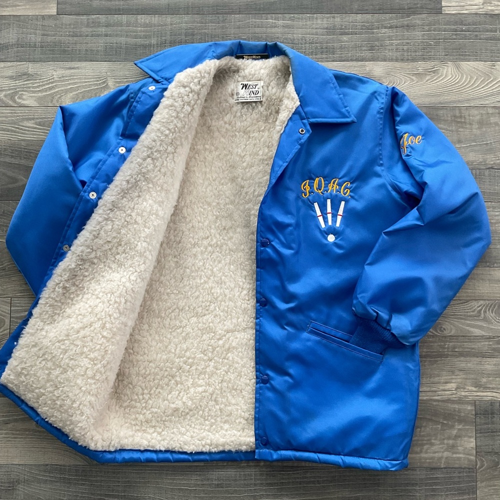 VTG West Wind Bowling Satin Coaches Jacket Mens MEDIUM Blue Snap Lined USA UNION